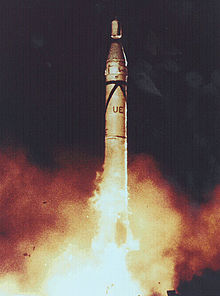 The first US satellite was the Explorer 1, seen here launching, 1 February 1958 Explorer I launch. Jan. 31, 1958.jpg