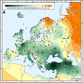 Ancient European Neolithic farmers were genetically closest to modern Near-Eastern/ Anatolian populations. Genetic matrilineal distances between European Neolithic Linear Pottery Culture populations (5,500-4,900 calibrated BC) and modern Western Eurasian populations. Genetic matrilineal distances between European Neolithic Linear Pottery Culture populations (5,500-4,900 calibrated BC) and modern Western Eurasian populations.jpg