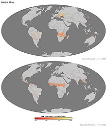 Two illustrations of the earth, one above the other. The seas are dark gray in color and the continents a lighter gray. Both images have red, yellow, and white markers indicating where fires occurred during the months of اگست (top image) and فروری (bottom image) of the year 2008.