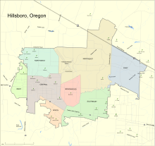 Карта Хиллсборо с восемью районами планирования, обозначенными разными цветами. Включает основные дороги и места расположения школ.