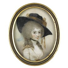 a miniature portrait of a woman wearing a white dress and a large black hat