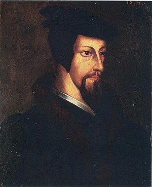 Oil painting of a young John Calvin.