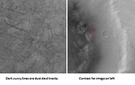 Kepler (Martian crater) showing dust devil tracks, as seen by Mars Global Surveyor