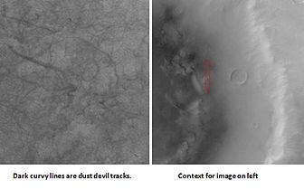 Cráter marciano Kepler mostrando marcas de torbellino de polvo (Imagen Mars Global Surveyor).