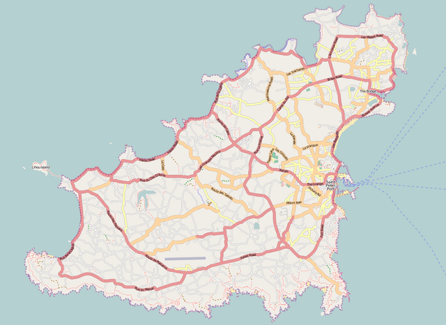 Mapa konturowa Guernsey, blisko centrum na dole znajduje się punkt z opisem „St Andrew’s”