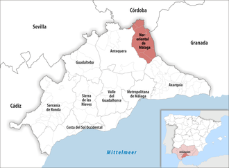 Die Lage der Comarca Nororiental de Málaga in der Provinz Málaga