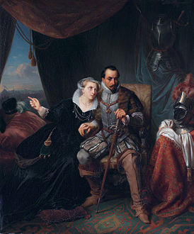 Магдалена Монс просит Франсиско де Вальдеса отложить штурм Лейдена ещё на одну ночь. Картина Симона Опзумера, ок. 1845 года.