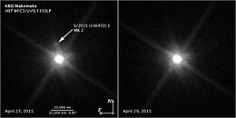 Two images of Makemake and its satellite taken by Hubble two days apart in April 2015 Makemake moon Hubble two images.jpg