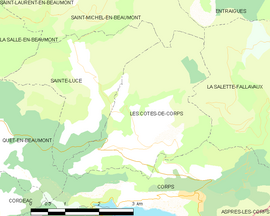 Mapa obce Les Côtes-de-Corps