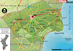 Mapa de carreteras de la ciudad de Elche y su entorno.