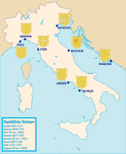 The maritime republics of medieval Italy: Venice, Genoa, Amalfi, Pisa, Noli, Ancona, Ragusa, Gaeta Mappa delle Repubbliche marinare italiane con stemmi civici.svg