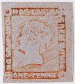 Eine 1 Penny der Druckplatte von 1848. Sehr später Druck von der stark abgenutzten Platte.