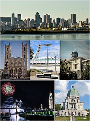 No topo: o centro financeiro de Montreal. A baixo: a basílica de Notre-Dame, estádio olímpico de Montreal, universidade McGill, Vieux-Montréal, Torre do Relógio, ponte Jacques-Cartier, Festival de Fogos de Artifício, e o oratório de São José.