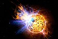 EV Lacertae (GJ 873, LHS 3853) es una estrella a sólo 16,5 años luz del sistema solar en la constelación de Lacerta. Sus vecinos más próximos son los sistemas estelares Kruger 60, a 4,9 años luz y Groombridge 34, a 6,2 años luz. EV Lacertae es una estrella muy joven con Metalicidad extremadamente elevada. Esta llamarada es miles de veces más potente que la mayor observada hasta ahora en el Sol, conteniendo millones de veces más energía que una bomba nuclear. Por la NASA.