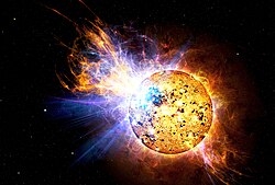 とかげ座EV星で発生した爆発の想像図。出典: Casey Reed / NASA[1]