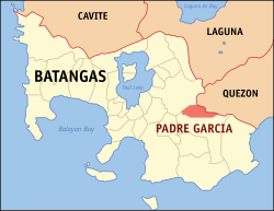 Map o Batangas showin the location o Padre Garcia