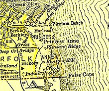 Princess Anne County (1691-1963), now defunct, with Virginia Beach from 1895 Virginia map Princessanne.jpg