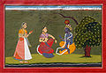 จิตรกรรม Bahsoli เป็นภาพการถกระหว่าง Radha และ Krishna ราว ค.ศ. 1730.