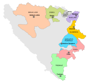 Carte de la Bosnie-Herzégovine mettant en valeur les sept régions statistiques