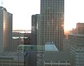 Sunrise between Sydney skyscrapers from hotel window