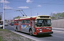 A New Flyer trolleybus operated by the Toronto Transit Commission in 1987 Toronto Flyer E700A trolleybus in 1987.jpg