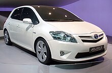 The 2011 Toyota Auris Hybrid is the first mass-produced hybrid electric vehicle built in Europe. Toyota Auris HSD Hybrid Concept.JPG