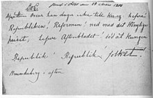 A revolutionary republican hand-written bill from the Stockholm riots during the Revolutions of 1848, reading: "Dethrone Oscar he is not fit to be a king - rather the Republic! Reform! Down with the Royal house - long live Aftonbladet
! Death to the king - Republic! Republic! - the people! Brunkeberg this evening." The writer's identity is unknown. Upprop for republik 1848.jpg