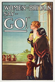 Poster of two women and a young boy looking out of an open window at soldiers in a countryside setting. The text "Women of Britain Say 'Go!'" is in white across the top of poster.