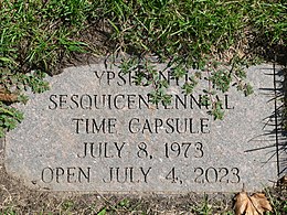 Time capsule plaque in Ypsilanti, Michigan, with instructions for the capsule to be recovered and opened upon the city's bicentennial, on July 4, 2023 Ypsilanti sesquicentennial time capsule.jpg