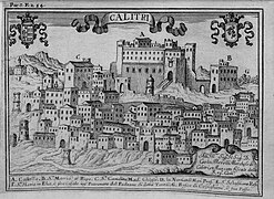 Vue de Calitri, gravure de Giovan Battista Pacichelli, Il Regno di Napoli in prospettiva, 1703.