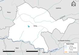 Carte en couleur présentantle réseau hydrographique de la commune