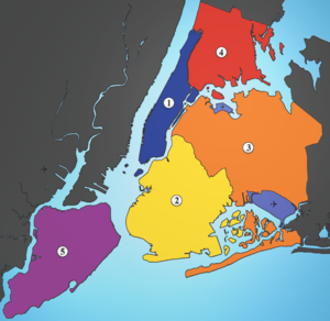 The five boroughs: 1: Manhattan, 2: Brooklyn, 3: Queens, 4: Bronx, 5: Staten Island
