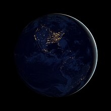 Black Marble - North and South America at night, Hurricane Sandy can be seen off the coast of Florida. Black Marble Americas.jpg