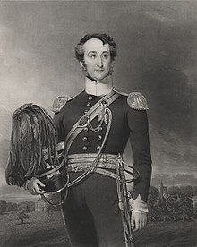 Standing three-quarter length engraved portrait of Sir Brook Bridges in uniform, carrying a helmet with long feathers and carrying a sword