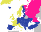 Europarådets medlemmer (Gul: Opprinnelige medlemmer; Blå: Senere tiltrådte medlemmer)