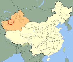 Арал (красный) в провинции Синьцзян (оранжевый) и в Китае
