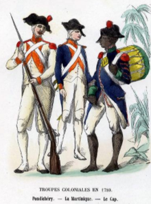 Old poster showing the uniforms of 3 soldiers posted to the French colonies in 1789