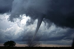 A tornado in central Oklahoma. The tornado itself is the thin tube reaching from the cloud to the ground. The lower part of this tornado is surrounded by a translucent dust cloud, kicked up by the tornado's strong winds at the surface
