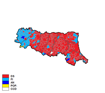 Красный — Левые демократы, синий — Вперед, Италия, тёмно-синий — Национальный альянс, жёлтый — Итальянская народная партия, белый — Христианско-демократический центр