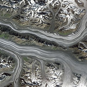 Satellitenaufnahme von 2004: Walsh-Gletscher in der oberen Bildhälfte, Logan-Gletscher in der unteren Bildhälfte