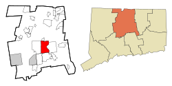 Hartfordin kaupungin sijainti Hartfordin piirikunnan kartalla.