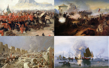 Montage of paintings that depict European wars of imperialism. By clockwise, wars include French Algerian War, Opium War, Russian conquest of Central Asia and Zulu War Imperalism.xcf