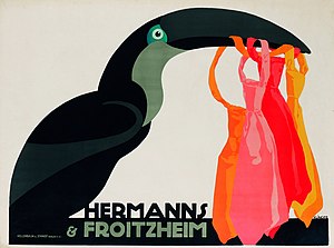 Plakatentwurf von Julius Klinger. Ein Tukan hält mit seinem Schnabel vier Krawatten (1911)