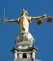 Statue of Lady Justice on the dome of the Central Criminal Court of England and Wales in the City of London (the "Old Bailey") Justice (3643291515).jpg