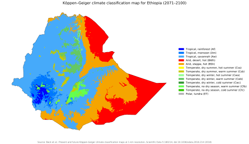 Current/past Köppen climate classification map for Ethiopia for 1980–2016