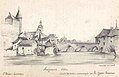Mayenne en 1820, Les grands moulins au pied du chateau, dessin de Joseph Bisson (1899)