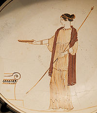 A Kylix (drinking cup) from Attica showing a goddess performing a libation, 470 BC, white ground technique pottery Libation goddess Met 1979.11.15.jpg