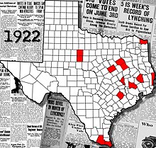 Map of Texas counties with location of lynchings highlighted