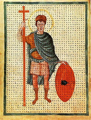 Carolingian emperor Louis the Pious represented as a Roman soldier holding a Christian cross, with superimposed poem De Laudibus Sanctae Crucis by Rabanus Maurus, 9th century Ludwik I Pobozny.jpg