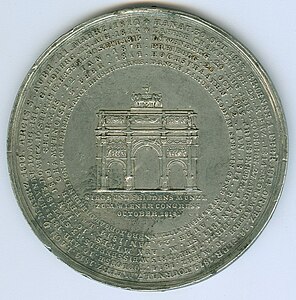 Medaille (oktober 1814) gemaakt voor het Congres van Wenen, met vermelding van de Slag van Hoogstraten, collectie Stedelijk Museum Hoogstraten